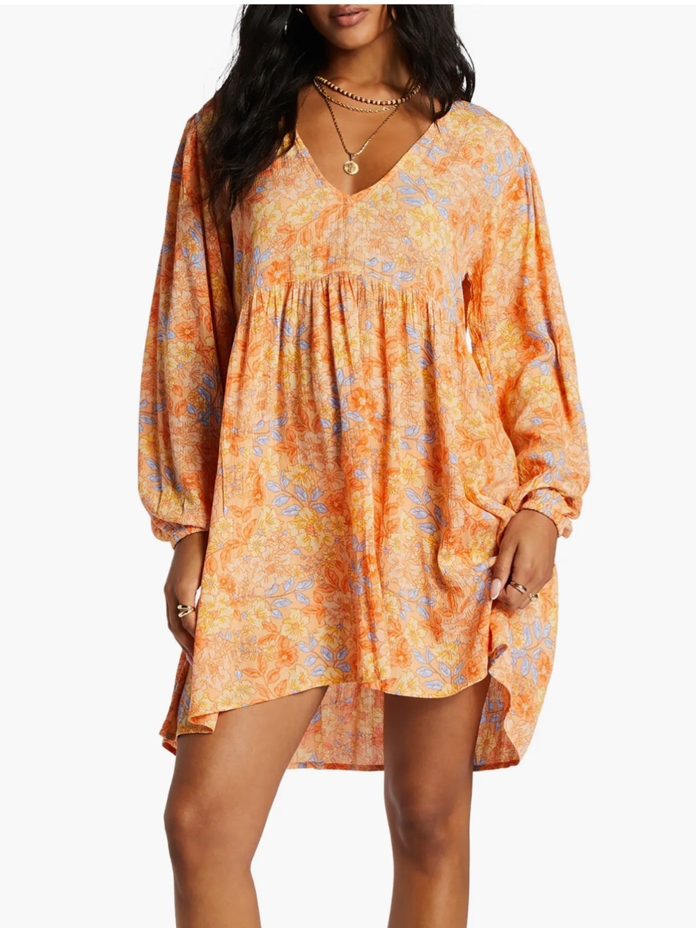 Billabong Secret Wish Floral Long Sleeve Babydoll Dress Orange Size Large